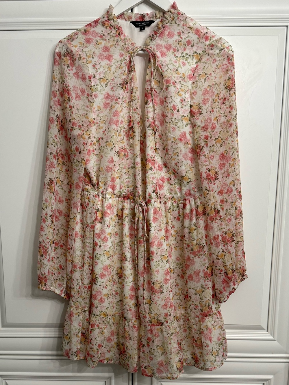 Lucky Brand Floral Chiffon Long Sleeve Mini Dress Tie Front Ruffle Collar Size L